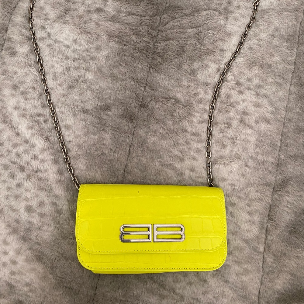 AUTHENTIC BALENCIAGA Calfskin Crocodile Embossed Gossip Bag Fluo Yellow